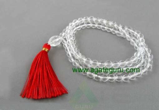 Crystal quartz 108 beads mala - faceted quartz red silk tassel necklace 6mm