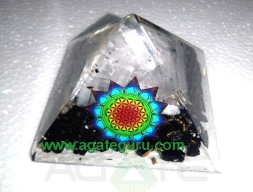 Selenite With Black tourmuline Three d Effect Orgone Pyramid